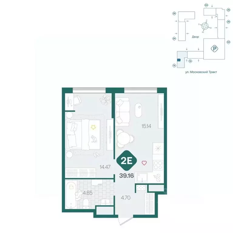 2-к кв. Тюменская область, Тюмень Сибирский жилой комплекс (39.16 м) - Фото 1