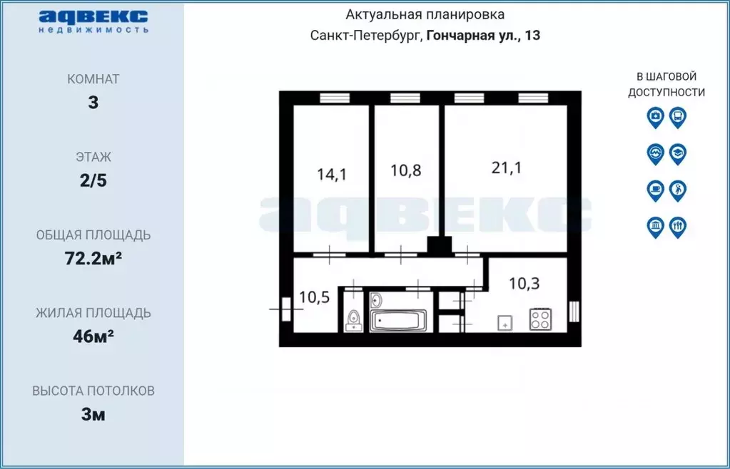 3-к кв. Санкт-Петербург Гончарная ул., 13 (72.2 м) - Фото 2