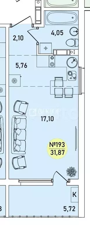 1-к. квартира, 31,9 м, 4/9 эт. - Фото 0