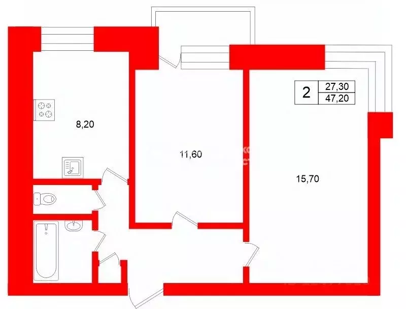 2-к кв. Санкт-Петербург просп. Тореза, 35К1 (47.2 м) - Фото 2