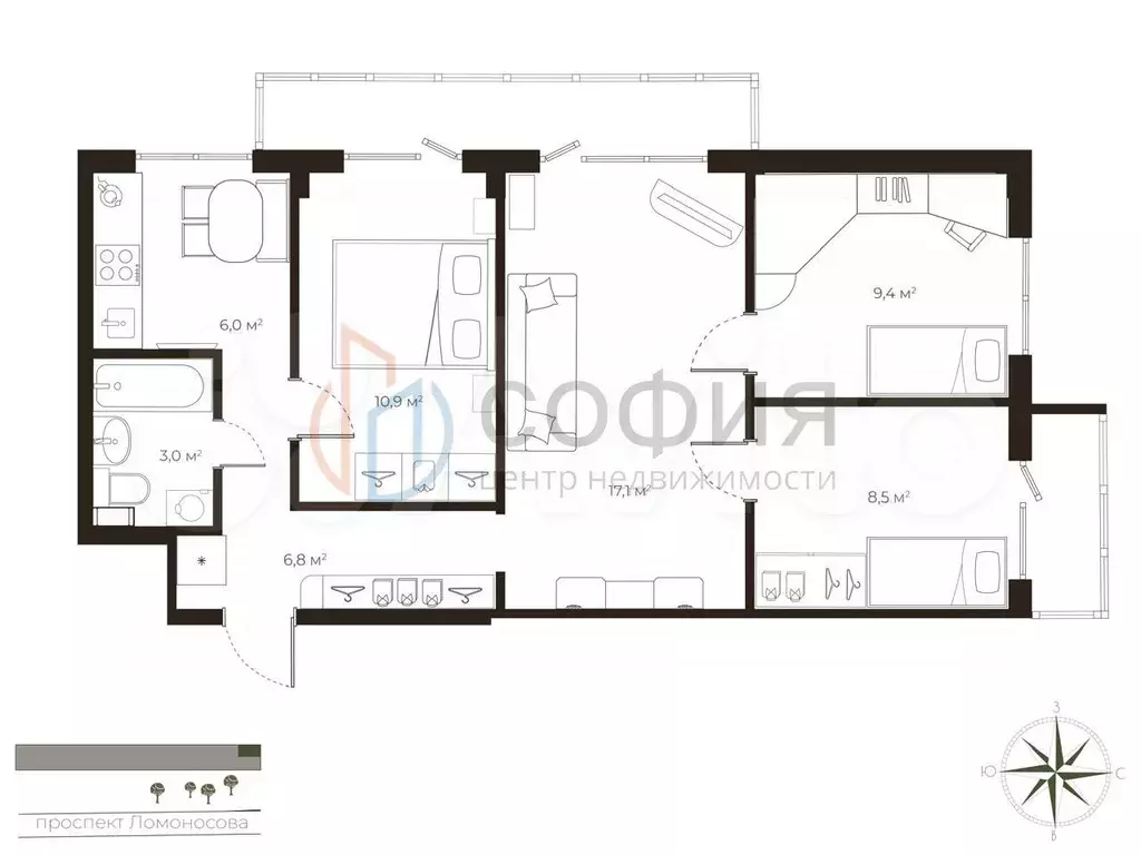 3-к. квартира, 61,7 м, 9/9 эт. - Фото 0