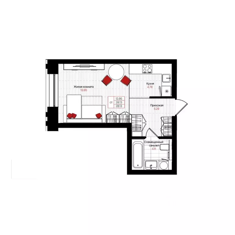 Студия Татарстан, Казань Лето жилой комплекс (28.13 м) - Фото 0