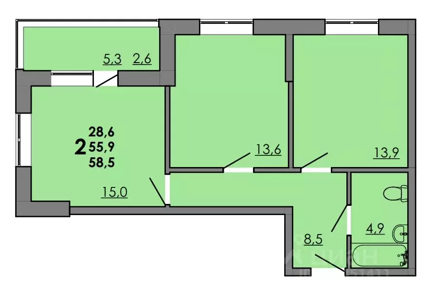 2-к кв. Ростовская область, Ростов-на-Дону Левенцовский мкр,  (58.5 м) - Фото 1