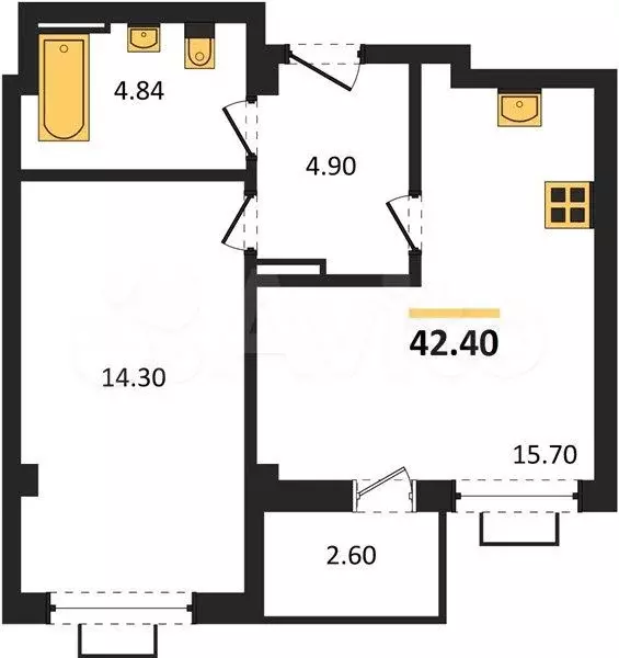 1-к. квартира, 42,4 м, 2/8 эт. - Фото 1