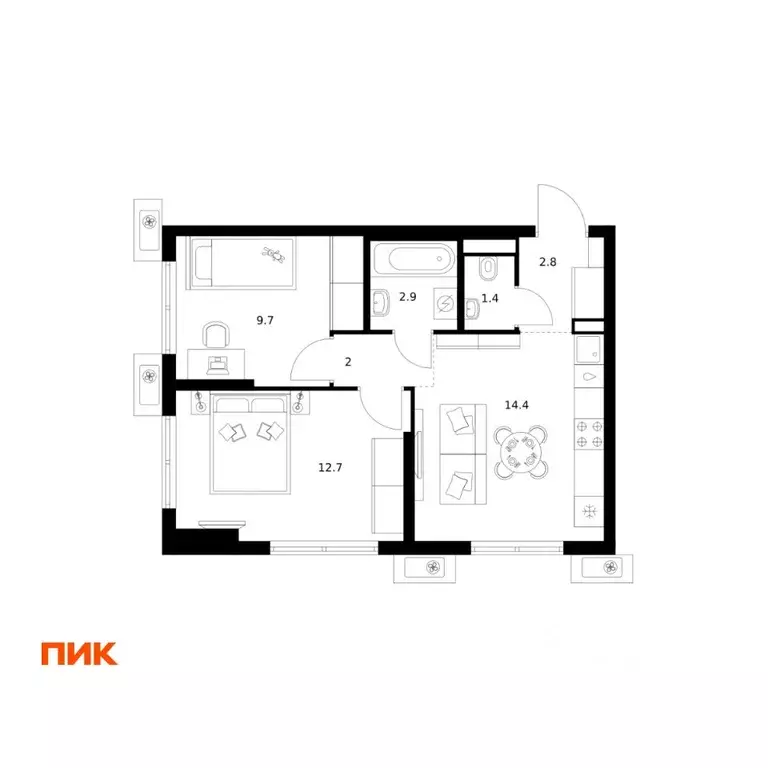 2-к кв. Московская область, Мытищи Яуза Парк жилой комплекс (45.9 м) - Фото 1