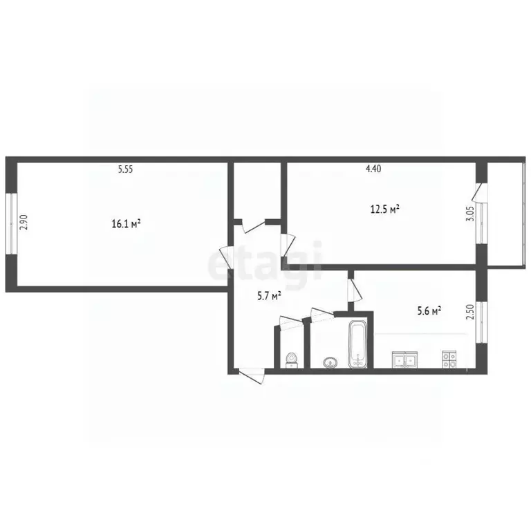 2-к кв. Томская область, Томск ул. Елизаровых, 17 (44.6 м) - Фото 2