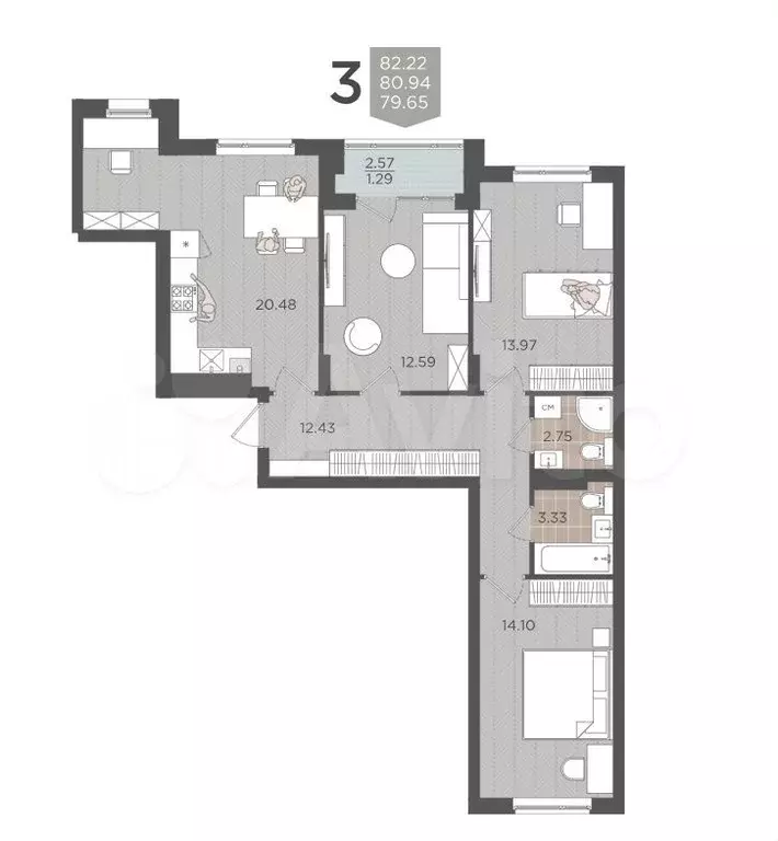 3-к. квартира, 80,9 м, 3/9 эт. - Фото 1
