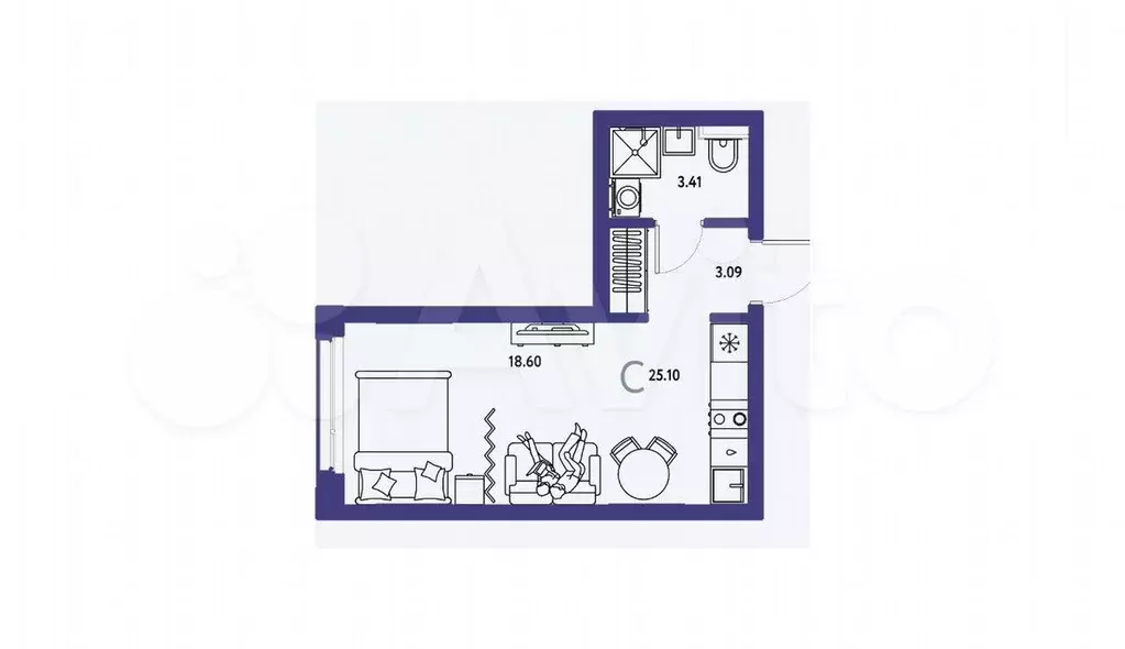 Квартира-студия, 25,1 м, 24/25 эт. - Фото 1