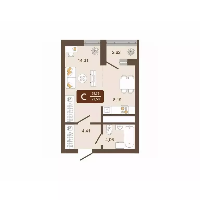 Студия Кемеровская область, Новокузнецк Макеевская ул. (31.76 м) - Фото 2