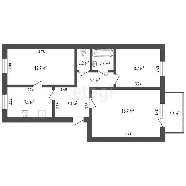 3-комнатная квартира: Ишим, улица Карла Маркса, 24 (57.8 м) - Фото 0