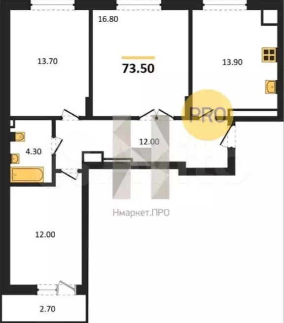 3-к. квартира, 73,5 м, 1/8 эт. - Фото 1