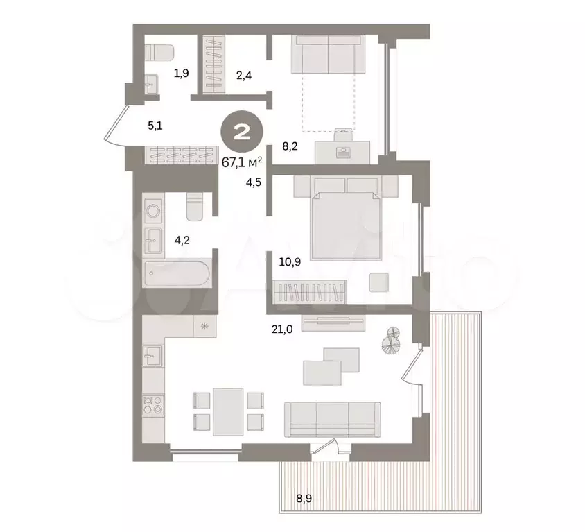 2-к. квартира, 67,1 м, 5/24 эт. - Фото 0