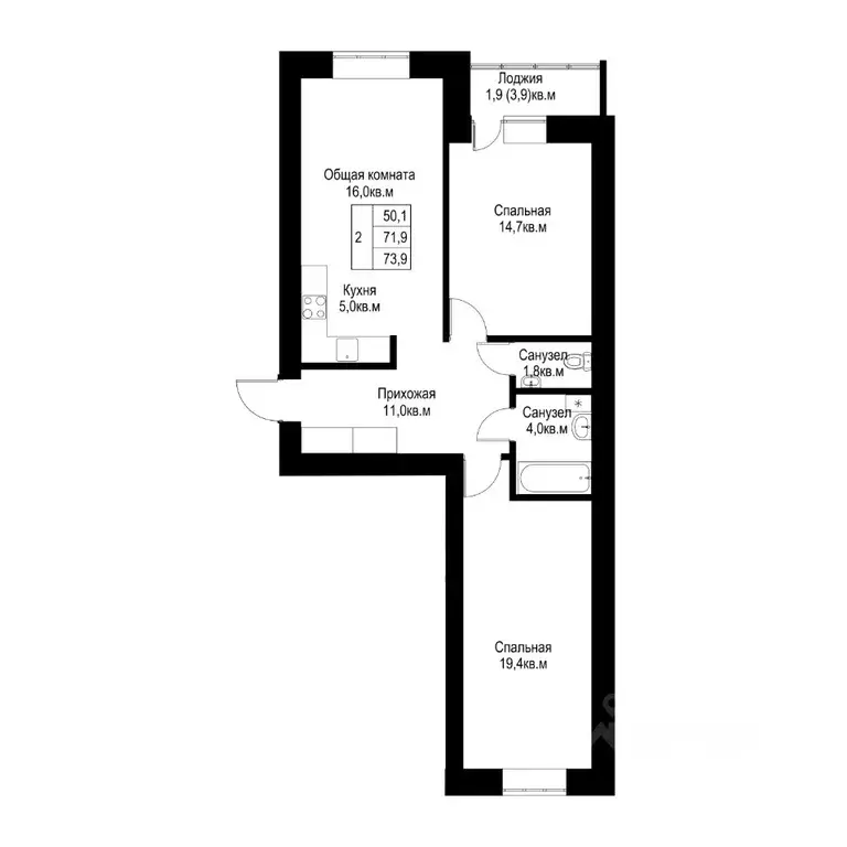 2-к кв. Татарстан, Альметьевск  (73.9 м) - Фото 1