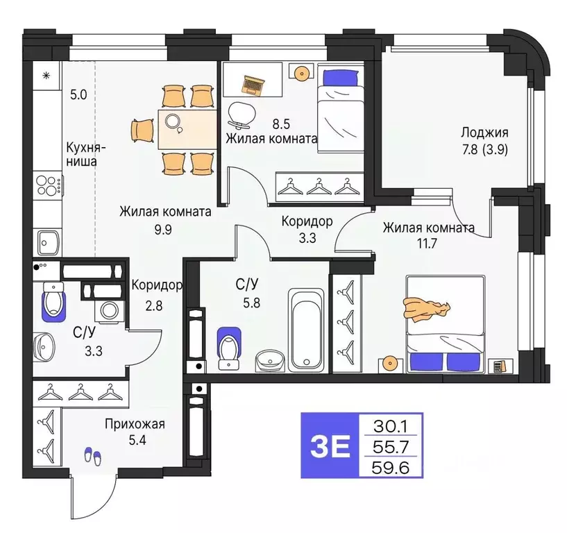 3-к кв. Пермский край, Пермь ул. Карла Модераха, 7 (59.6 м) - Фото 1