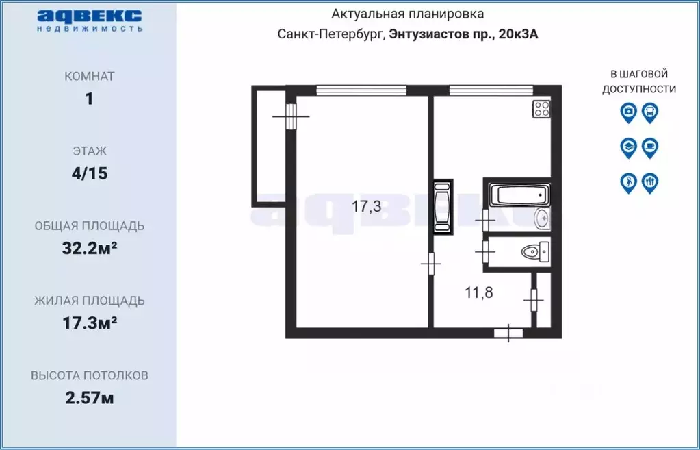 1-к кв. Санкт-Петербург просп. Энтузиастов, 20К3 (32.2 м) - Фото 1
