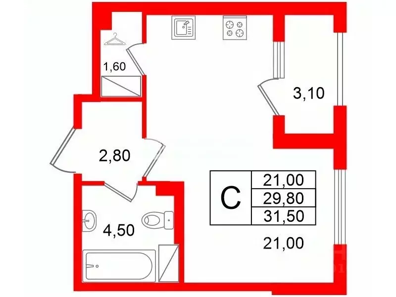 Студия Санкт-Петербург бул. Измайловский, 11 (29.8 м) - Фото 1