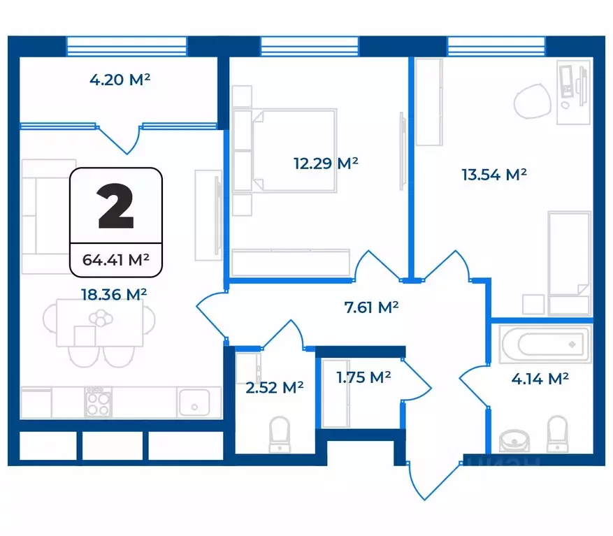 2-к кв. Рязанская область, Рязань Телецентр жилрайон,  (64.41 м) - Фото 1