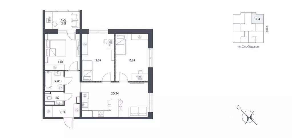 3-к кв. Хабаровский край, Хабаровск Слободская ул. (74.69 м) - Фото 2