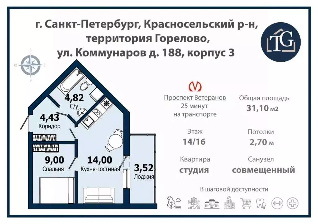 Студия Санкт-Петербург Горелово тер., ул. Коммунаров, 188к3 (31.1 м) - Фото 2