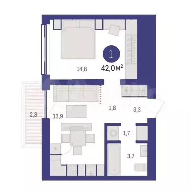 1-к. квартира, 42 м, 7/9 эт. - Фото 0