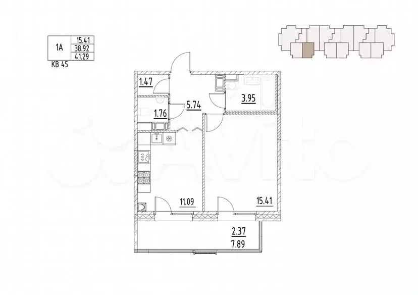 1-к. квартира, 43,6 м, 2/5 эт. - Фото 0