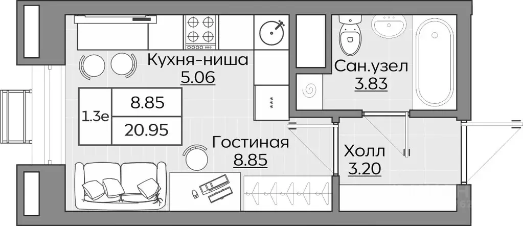 1-к кв. Татарстан, Казань ул. Рауиса Гареева (20.94 м) - Фото 0