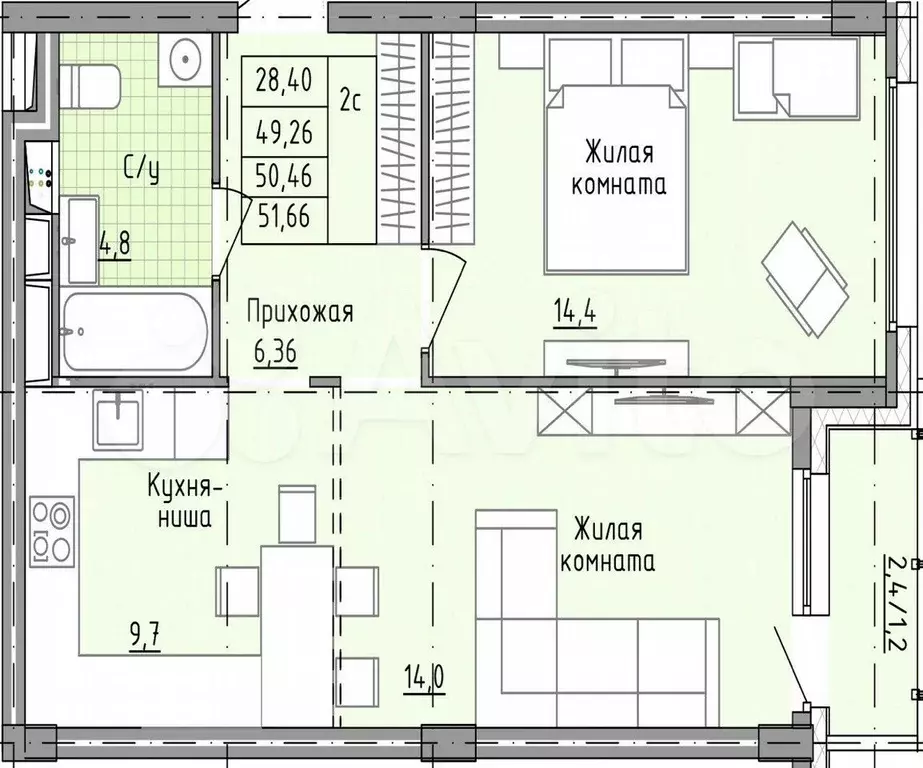 2-к. квартира, 51,7 м, 2/25 эт. - Фото 0