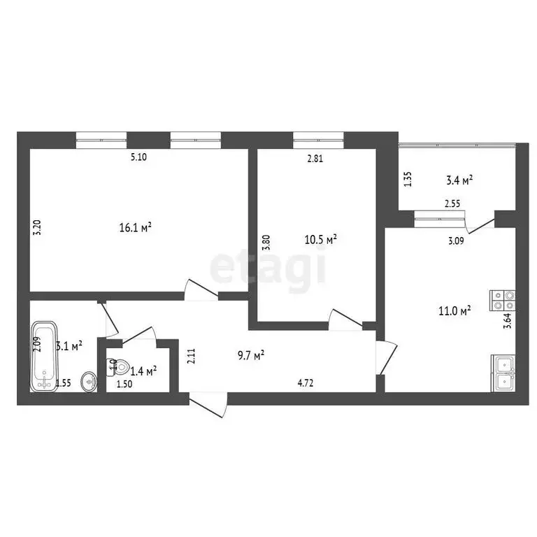 2-комнатная квартира: Стерлитамак, улица Цементников, 5 (51.8 м) - Фото 1