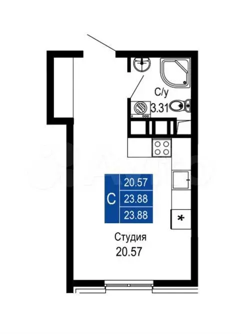 Квартира-студия, 23,9 м, 1/14 эт. - Фото 1