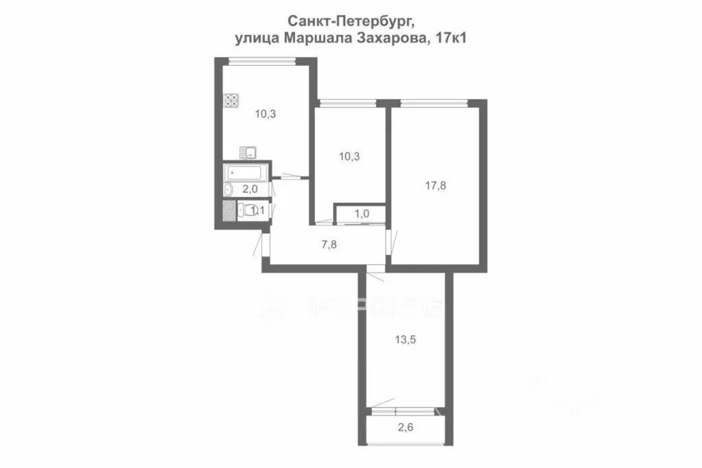 3-к кв. Санкт-Петербург ул. Маршала Захарова, 17К1 (63.3 м) - Фото 2
