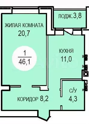 1-к. квартира, 46,1 м, 1/4 эт. - Фото 0