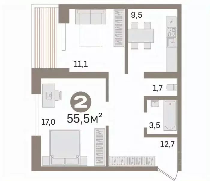 2-к кв. Тюменская область, Тюмень Широтная ул., 213к1 (55.5 м) - Фото 2