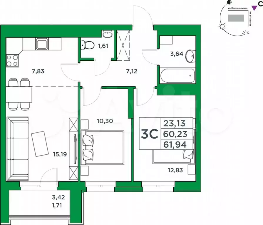 2-к. квартира, 60 м, 17/24 эт. - Фото 1