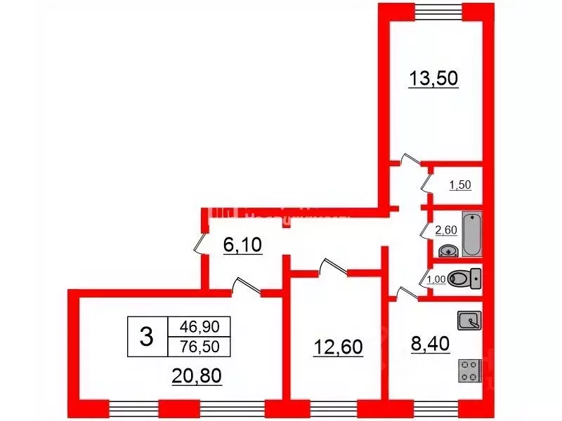 3-к кв. Санкт-Петербург Прибрежная ул., 4 (76.5 м) - Фото 1