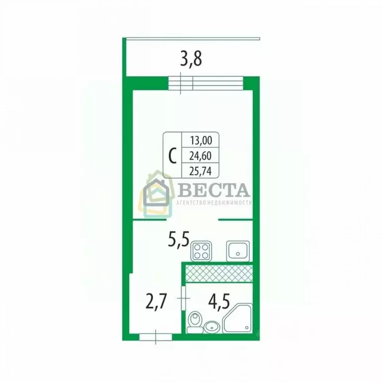 Студия Санкт-Петербург пос. Шушары, ул. Валдайская, 1 (24.4 м) - Фото 2