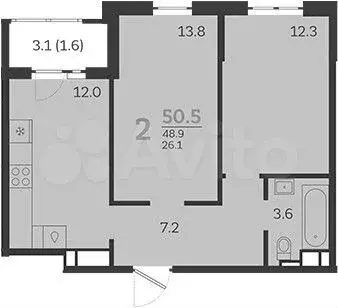 2-к. квартира, 50,5 м, 22/24 эт. - Фото 1