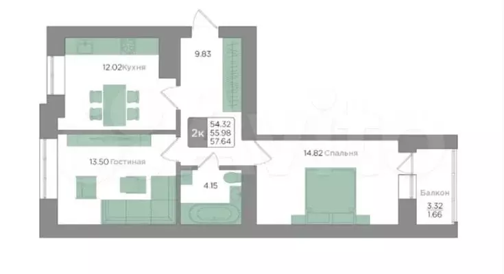 2-к. квартира, 56,5 м, 9/9 эт. - Фото 0