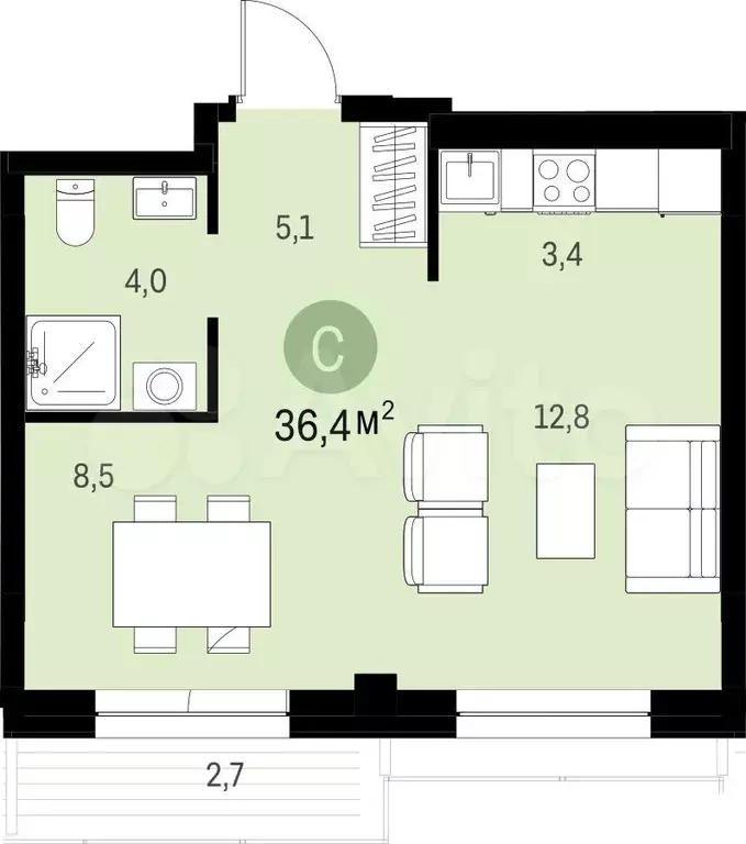 Квартира-студия, 36,4 м, 8/24 эт. - Фото 0