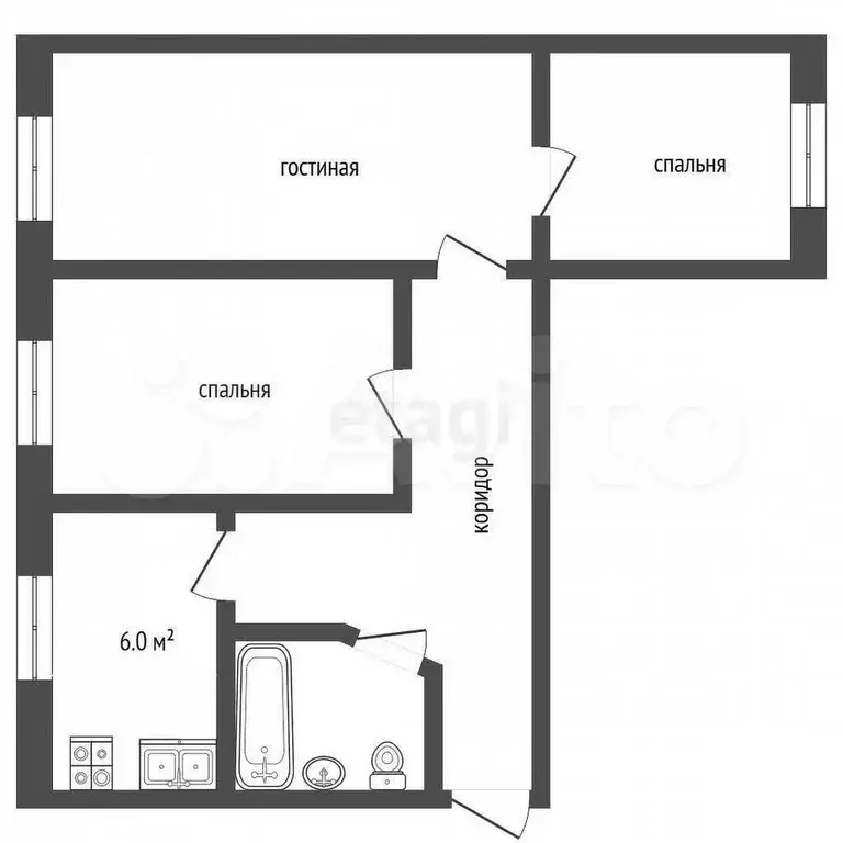 3-к. квартира, 59,4 м, 1/5 эт. - Фото 0