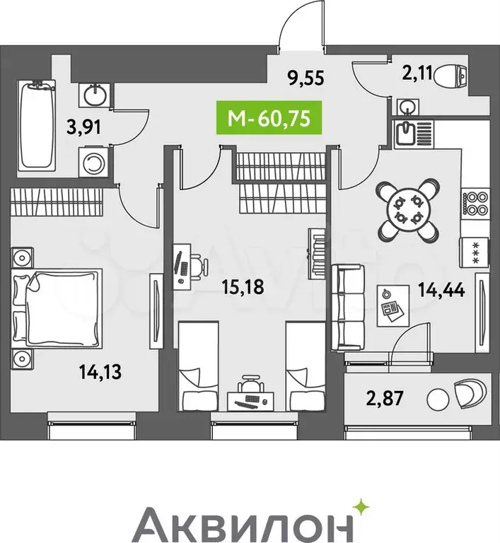 2-к. квартира, 62 м, 7/12 эт. - Фото 0