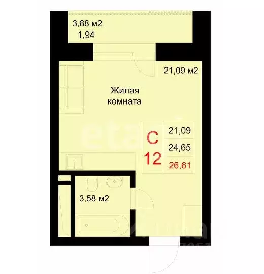 Студия Татарстан, Казань ул. Рауиса Гареева, 78Б (26.61 м) - Фото 1