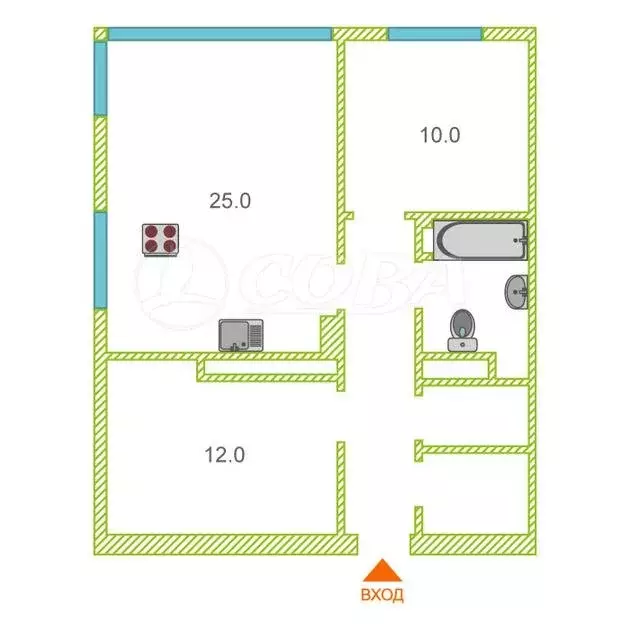 2-комнатная квартира: Тюмень, улица Монтажников, 59 (55.6 м) - Фото 1