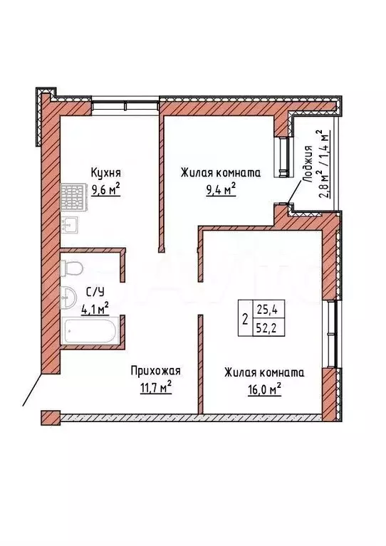 2-к. квартира, 52,2 м, 5/16 эт. - Фото 0