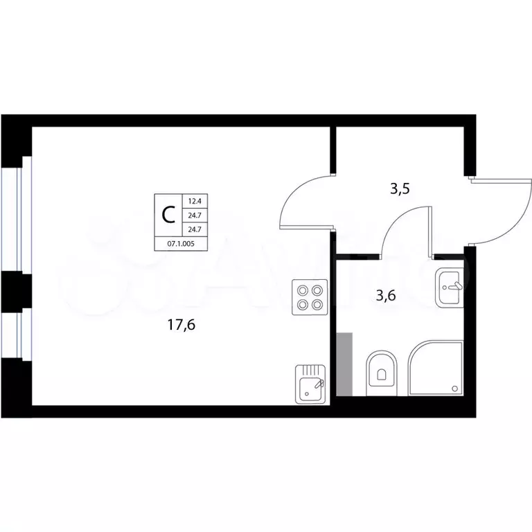 Квартира-студия, 24,7 м, 1/3 эт. - Фото 1