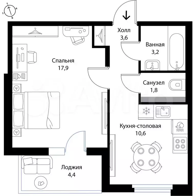 1-к. квартира, 39,3 м, 3/3 эт. - Фото 0