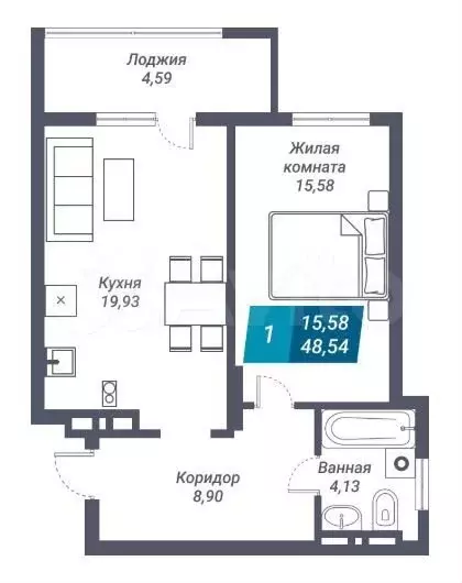 1-к. квартира, 48,5 м, 21/25 эт. - Фото 1