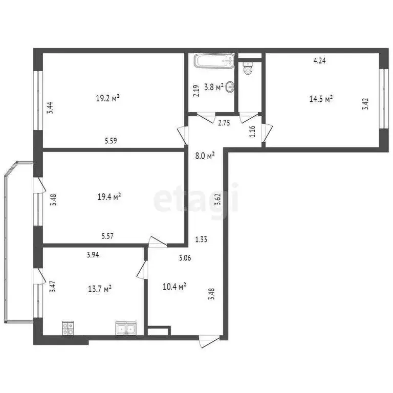 3-комнатная квартира: Тюмень, улица Малыгина, 14 (92.6 м) - Фото 0
