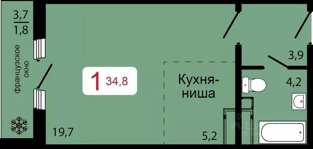 1-к кв. Красноярский край, Красноярск ул. Калинина (34.8 м) - Фото 0