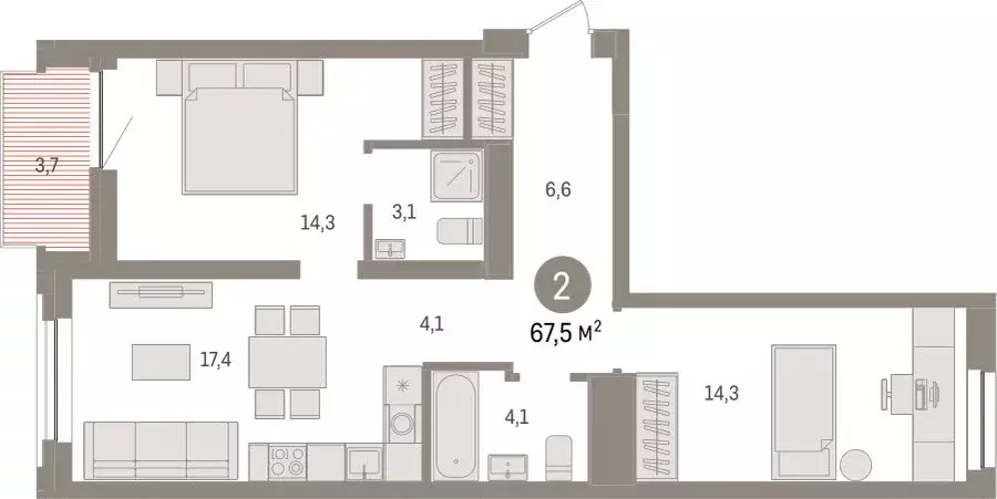 2-комнатная квартира: Тюмень, жилой комплекс Речной Порт (67.5 м) - Фото 2