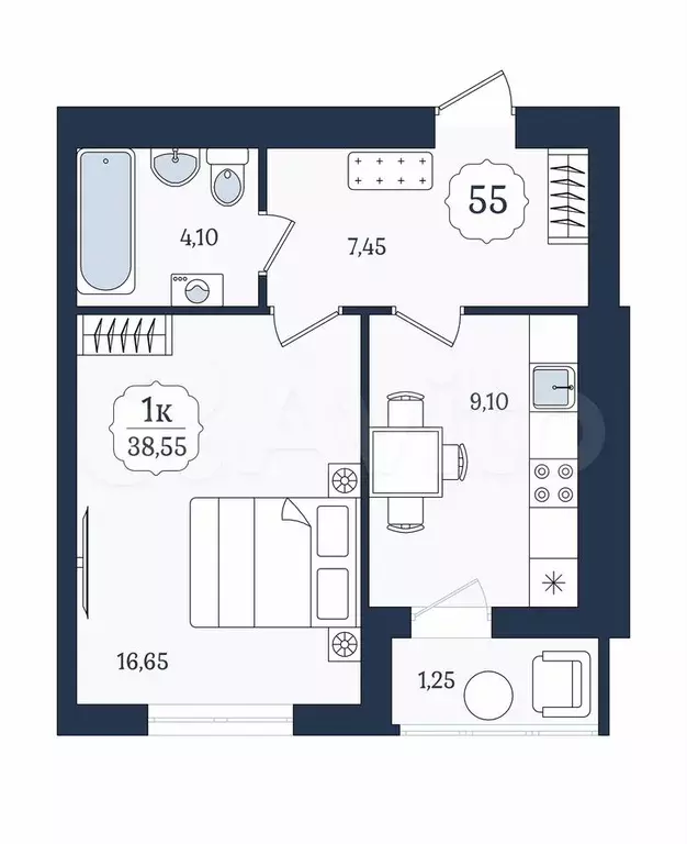 1-к. квартира, 38,6 м, 5/9 эт. - Фото 1